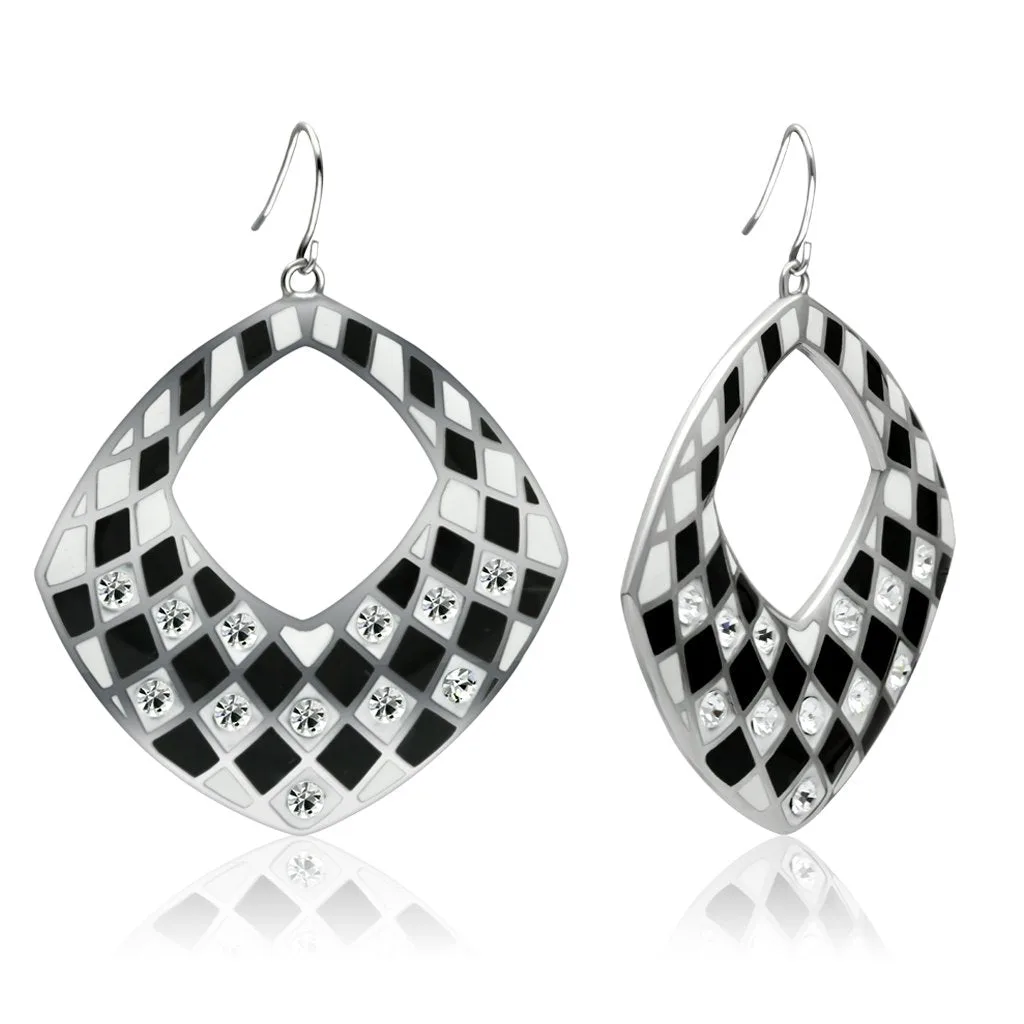 Silver triangle earrings with hematite crystal accents.