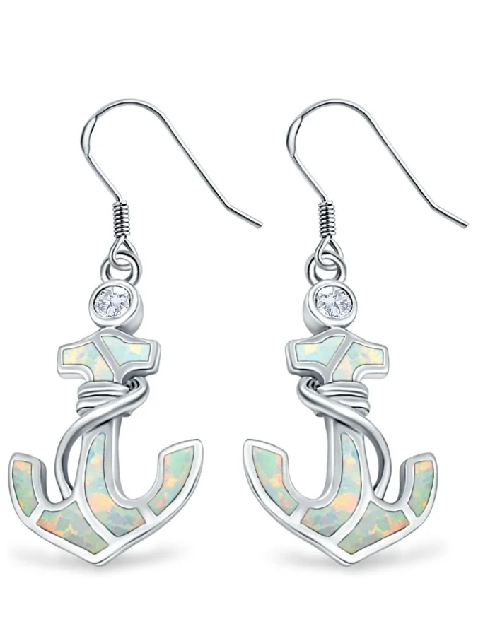 Anchor Drop Dangle Earrings with Lab-Created White Opal in 925 Sterling Silver