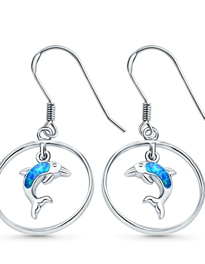 Shimmering Blue Dolphin Drop Dangle Earrings in 925 Sterling Silver with Lab-Created Opal