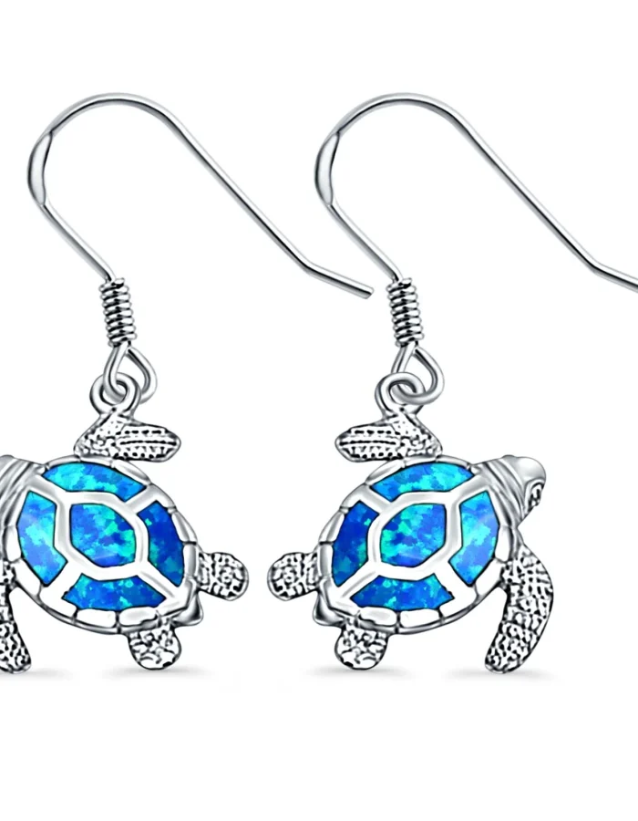 Sparkling Blue Turtle Drop Dangle Earrings in 925 Sterling Silver with Lab-Created Opal