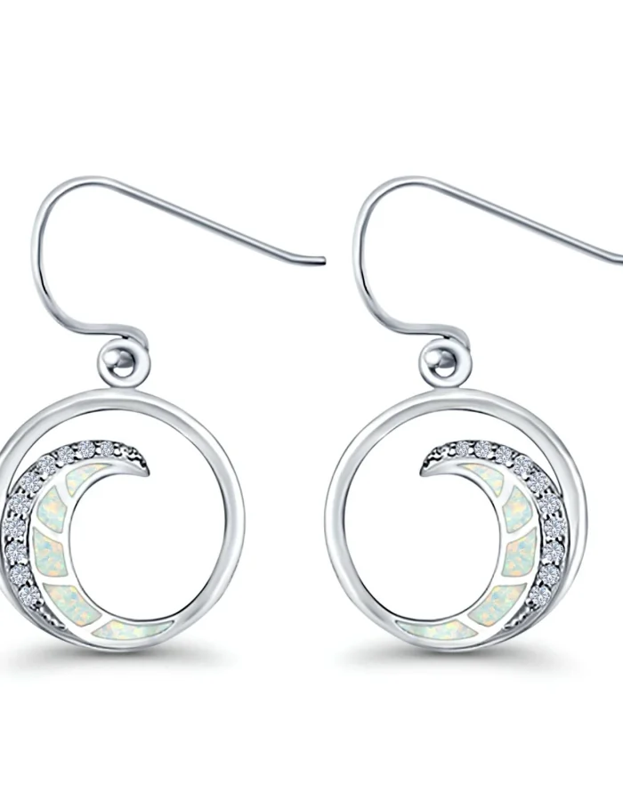 Shimmering White Wave Drop Dangle Earrings in 925 Sterling Silver with Lab-Created Opal